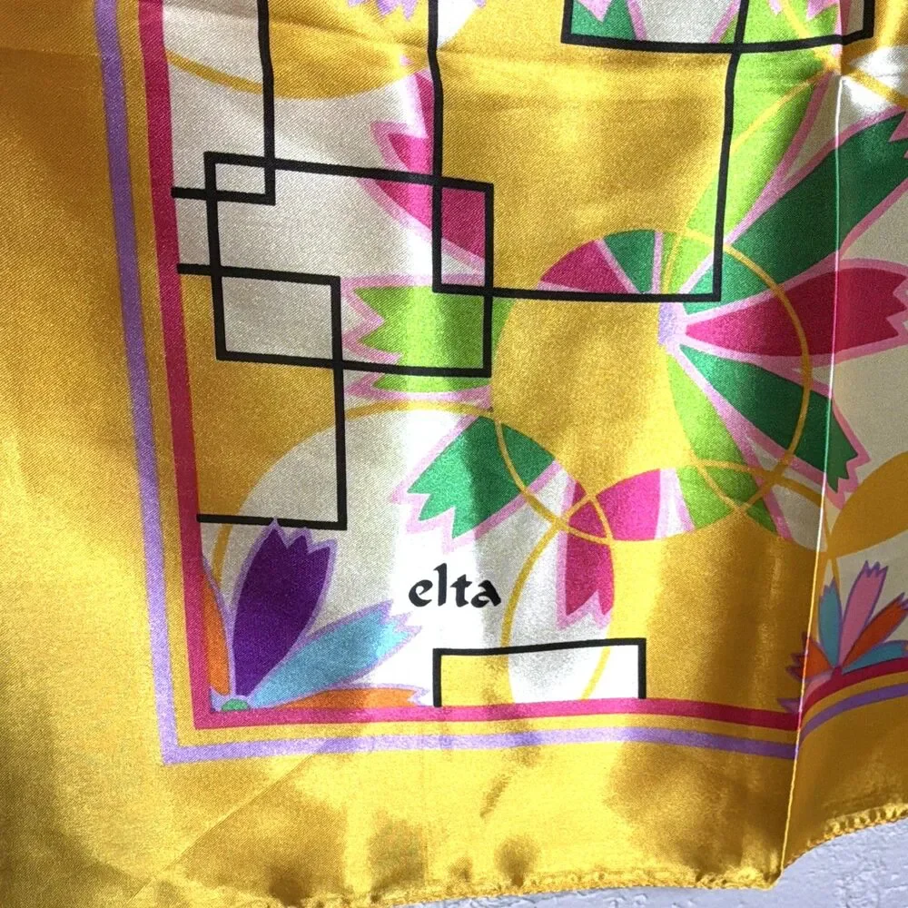 Vintage Elta Vibrant Doodle Floral Silk Scarf 36x36 Mod Eclectic Grandmacore